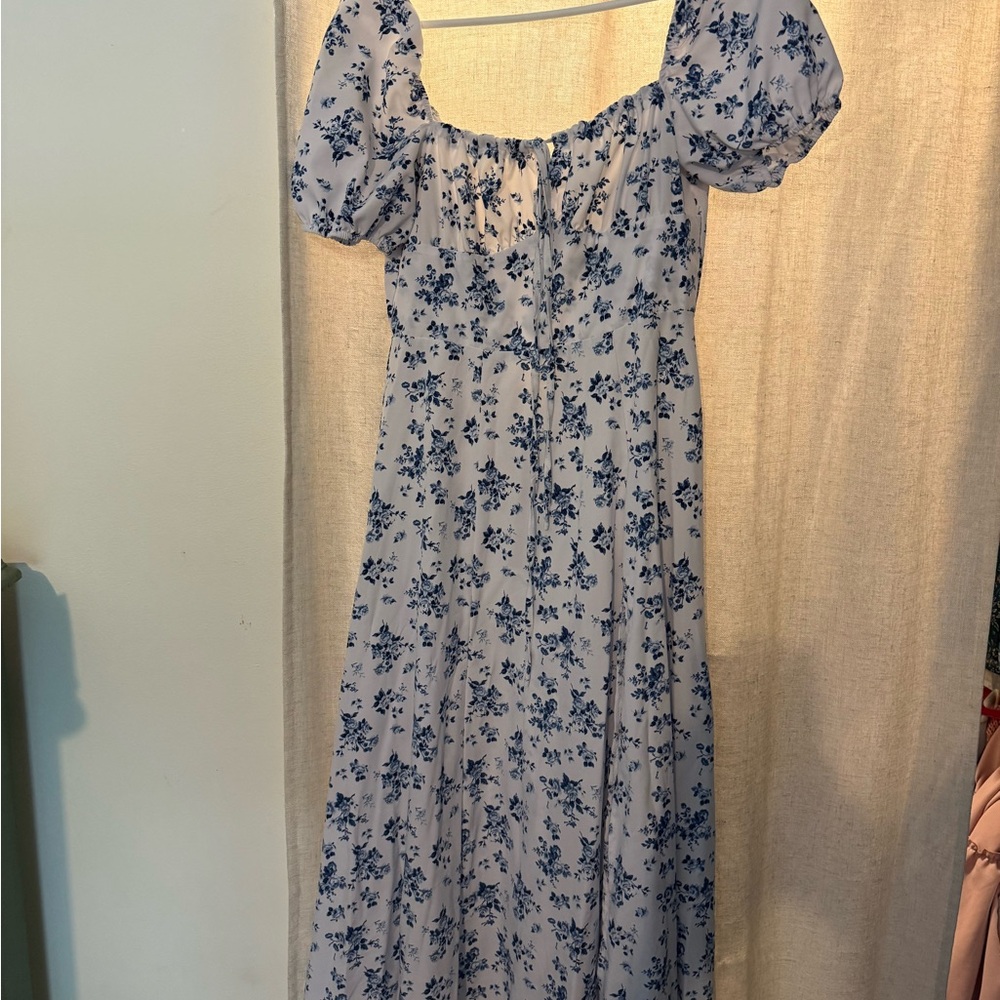 SHEIN Blue and White Smocked Maxi Dress with Puff Sleeves